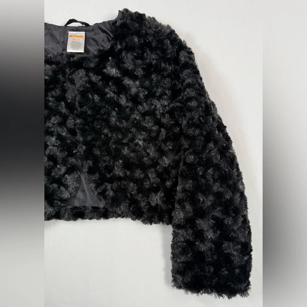 GYMBOREE Girls Faux Fur Cropped Jacket 4T-5T‎ Black Furry Plush Dressy Holiday